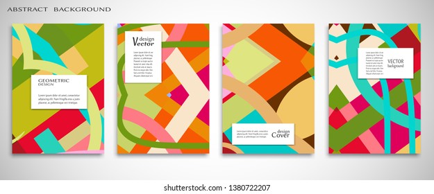 Set of A4 cover, abstract composition. Colorful header design for flyer, book, info banner frame, title sheet. Colored geometric shapes. Modern design. Brochure template layout. Vector illustration