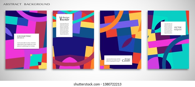 Set of A4 cover, abstract composition. Colorful header design for flyer, book, info banner frame, title sheet. Colored geometric shapes. Modern design. Brochure template layout. Vector illustration