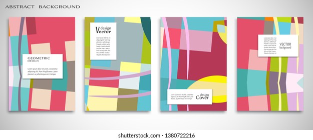 Set of A4 cover, abstract composition. Colorful header design for flyer, book, info banner frame, title sheet. Colored geometric shapes. Modern design. Brochure template layout. Vector illustration