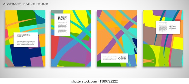 Set of A4 cover, abstract composition. Colorful header design for flyer, book, info banner frame, title sheet. Colored geometric shapes. Modern design. Brochure template layout. Vector illustration