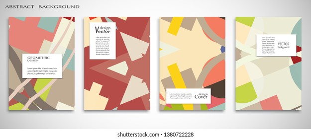 Set of A4 cover, abstract composition. Colorful header design for flyer, book, info banner frame, title sheet. Colored geometric shapes. Modern design. Brochure template layout. Vector illustration