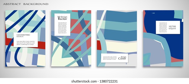 Set of A4 cover, abstract composition. Colorful header design for flyer, book, info banner frame, title sheet. Colored geometric shapes. Modern design. Brochure template layout. Vector illustration