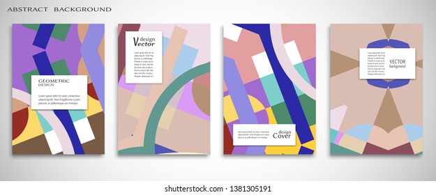 Set of A4 cover, abstract composition. Colorful header design for flyer, book, info banner frame, title sheet. Colored geometric shapes. Modern design. Brochure template layout. Vector illustration