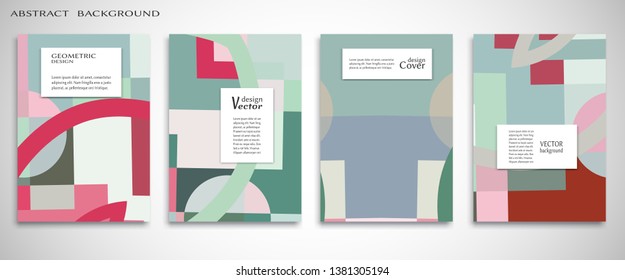 Set of A4 cover, abstract composition. Colorful header design for flyer, book, info banner frame, title sheet. Colored geometric shapes. Modern design. Brochure template layout. Vector illustration