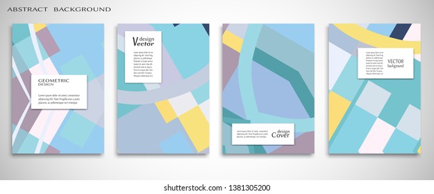 Set of A4 cover, abstract composition. Colorful header design for flyer, book, info banner frame, title sheet. Colored geometric shapes. Modern design. Brochure template layout. Vector illustration
