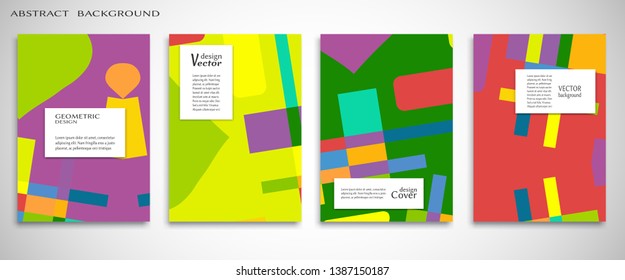Set of A4 cover, abstract composition. Colorful header design for flyer, book, info banner frame, title sheet. Colored geometric shapes. Modern design. Brochure template layout. Vector illustration