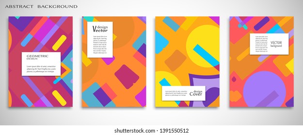 Set of A4 cover, abstract composition. Colorful header design for flyer, book, info banner frame, title sheet. Colored geometric shapes. Modern design. Brochure template layout. Vector illustration
