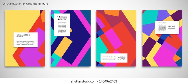 Set of A4 cover, abstract composition. Colorful header design for flyer, book, info banner frame, title sheet. Colored geometric shapes. Modern design. Brochure template layout. Vector illustration