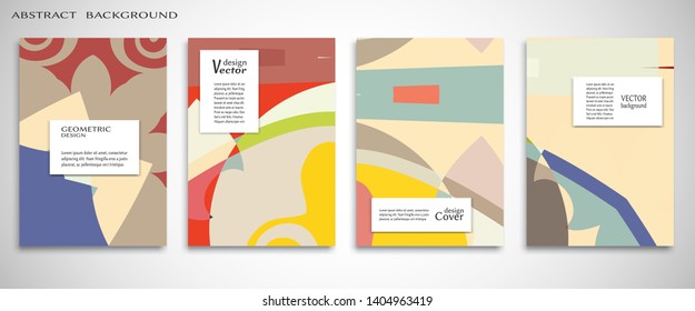 Set of A4 cover, abstract composition. Colorful header design for flyer, book, info banner frame, title sheet. Colored geometric shapes. Modern design. Brochure template layout. Vector illustration