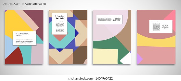 Set of A4 cover, abstract composition. Colorful header design for flyer, book, info banner frame, title sheet. Colored geometric shapes. Modern design. Brochure template layout. Vector illustration