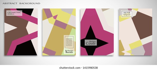 Set of A4 cover, abstract composition. Colorful header design for flyer, book, info banner frame, title sheet. Colored geometric shapes. Modern design. Brochure template layout. Vector illustration