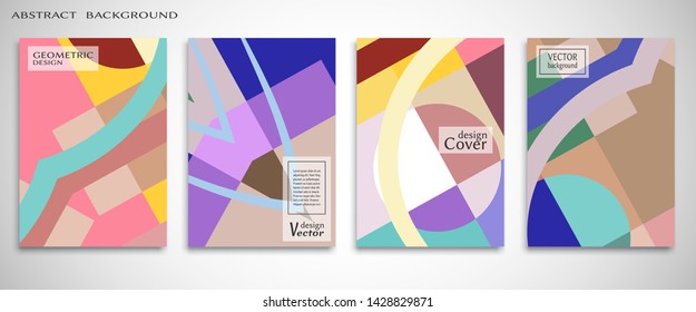 Set of A4 cover, abstract composition. Colorful header design for flyer, book, info banner frame, title sheet. Colored geometric shapes. Modern design. Brochure template layout. Vector illustration