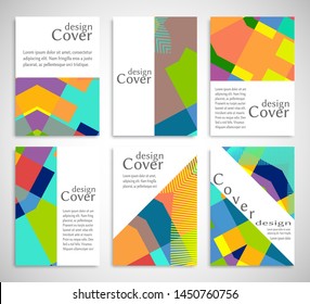 Set of A4 cover, abstract composition. Colorful header design for flyer, book, info banner frame, title sheet. Colored geometric shapes. Modern design. Brochure template layout. Vector illustration