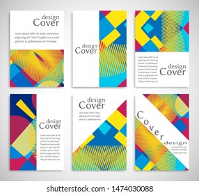 Set of A4 cover, abstract composition. Colorful header design for flyer, book, info banner frame, title sheet. Colored geometric shapes. Modern design. Brochure template layout. Vector illustration