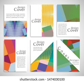Set of A4 cover, abstract composition. Colorful header design for flyer, book, info banner frame, title sheet. Colored geometric shapes. Modern design. Brochure template layout. Vector illustration