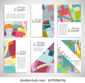 Set of A4 cover, abstract composition. Colorful header design for flyer, book, info banner frame, title sheet. Colored geometric shapes. Modern design. Brochure template layout. Vector illustration