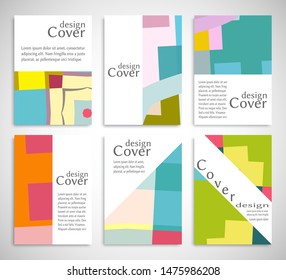 Set of A4 cover, abstract composition. Colorful header design for flyer, book, info banner frame, title sheet. Colored geometric shapes. Modern design. Brochure template layout. Vector illustration