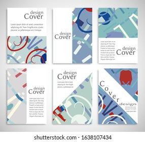 Set of A4 cover, abstract composition. Colorful header design for flyer, book, info banner frame, title sheet. Colored geometric shapes. Modern design. Brochure template layout. Vector illustration