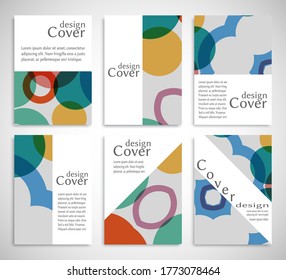 Set of A4 cover, abstract composition. Colorful header design for flyer, book, info banner frame, title sheet. Colored geometric shapes. Modern design. Brochure template layout. Vector illustration