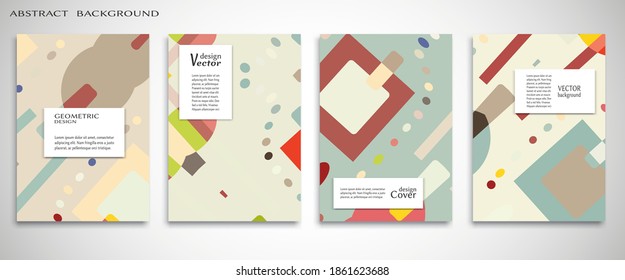 Set of A4 cover, abstract composition. Colorful header design for flyer, book, info banner frame, title sheet. Colored geometric shapes. Modern design. Brochure template layout. Vector illustration