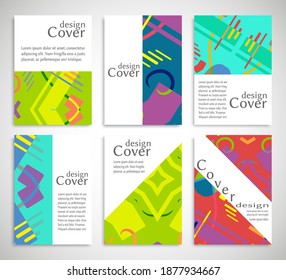 Set of A4 cover, abstract composition. Colorful header design for flyer, book, info banner frame, title sheet. Colored geometric shapes. Modern design. Brochure template layout. Vector illustration
