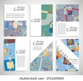 Set of A4 cover, abstract composition. Colorful header design for flyer, book, info banner frame, title sheet. Colored geometric shapes. Modern design. Brochure template layout. Vector illustration