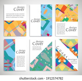 Set of A4 cover, abstract composition. Colorful header design for flyer, book, info banner frame, title sheet. Colored geometric shapes. Modern design. Brochure template layout. Vector illustration