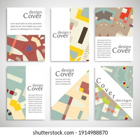 Set of A4 cover, abstract composition. Colorful header design for flyer, book, info banner frame, title sheet. Colored geometric shapes. Modern design. Brochure template layout. Vector illustration