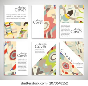 Set of A4 cover, abstract composition. Colorful header design for flyer, book, info banner frame, title sheet. Colored geometric shapes. Modern design. Brochure template layout. Vector illustration