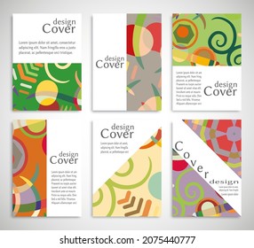 Set of A4 cover, abstract composition. Colorful header design for flyer, book, info banner frame, title sheet. Colored geometric shapes. Modern design. Brochure template layout. Vector illustration