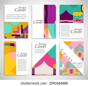 Set of A4 cover, abstract composition. Colorful header design for flyer, book, info banner frame, title sheet. Colored geometric shapes. Modern design. Brochure template layout. Vector illustration
