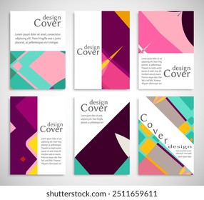 Set of A4 cover, abstract composition. Colorful header design for flyer, book, info banner frame, title sheet. Colored geometric shapes. Modern design. Brochure template layout. Vector illustration