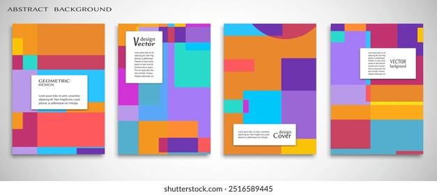 Set of A4 cover, abstract composition. Colorful header design for flyer, book, info banner frame, title sheet. Colored geometric shapes. Modern design. Brochure template layout. Vector illustration