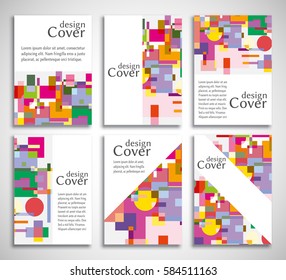 Set of A4 cover, abstract composition. Colorful header design for flyer, book, info banner frame, title sheet. Colored geometric shapes. Modern design. Brochure template layout. Vector illustration