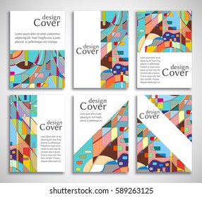 Set of A4 cover, abstract composition. Colorful header design for flyer, book, info banner frame, title sheet. Colored geometric shapes. Modern design. Brochure template layout. Vector illustration