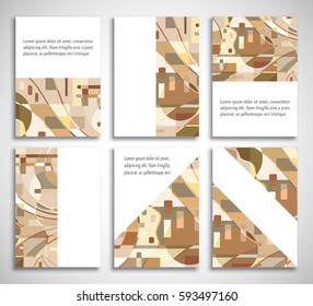 Set of A4 cover, abstract composition. Colorful header design for flyer, book, info banner frame, title sheet. Colored geometric shapes. Modern design. Brochure template layout. Vector illustration