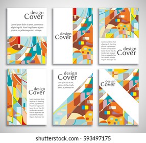 Set of A4 cover, abstract composition. Colorful header design for flyer, book, info banner frame, title sheet. Colored geometric shapes. Modern design. Brochure template layout. Vector illustration
