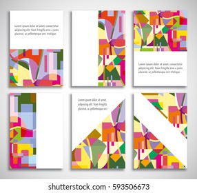 Set of A4 cover, abstract composition. Colorful header design for flyer, book, info banner frame, title sheet. Colored geometric shapes. Modern design. Brochure template layout. Vector illustration