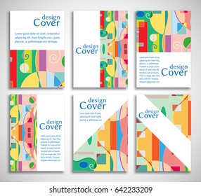 Set of A4 cover, abstract composition. Colorful header design for flyer, book, info banner frame, title sheet. Colored geometric shapes. Modern design. Brochure template layout. Vector illustration