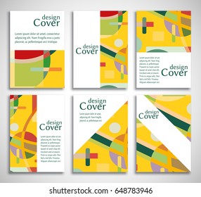 Set of A4 cover, abstract composition. Colorful header design for flyer, book, info banner frame, title sheet. Colored geometric shapes. Modern design. Brochure template layout. Vector illustration