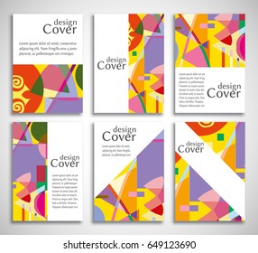 Set of A4 cover, abstract composition. Colorful header design for flyer, book, info banner frame, title sheet. Colored geometric shapes. Modern design. Brochure template layout. Vector illustration