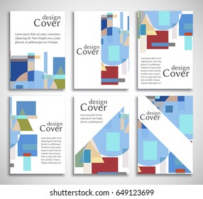 Set of A4 cover, abstract composition. Colorful header design for flyer, book, info banner frame, title sheet. Colored geometric shapes. Modern design. Brochure template layout. Vector illustration