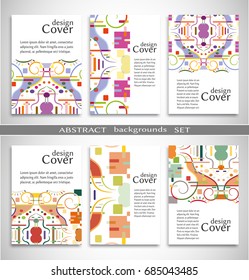 Set of A4 cover, abstract composition. Colorful header design for flyer, book, info banner frame, title sheet. Colored geometric shapes. Modern design. Brochure template layout. Vector illustration