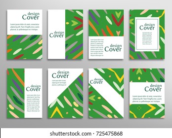 Set of A4 cover, abstract composition. Colorful header design for flyer, book, info banner frame, title sheet. Colored geometric shapes. Modern design. Brochure template layout. Vector illustration