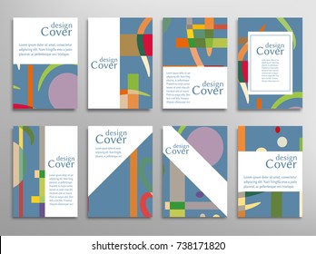 Set of A4 cover, abstract composition. Colorful header design for flyer, book, info banner frame, title sheet. Colored geometric shapes. Modern design. Brochure template layout. Vector illustration