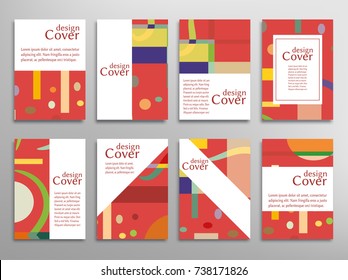 Set of A4 cover, abstract composition. Colorful header design for flyer, book, info banner frame, title sheet. Colored geometric shapes. Modern design. Brochure template layout. Vector illustration