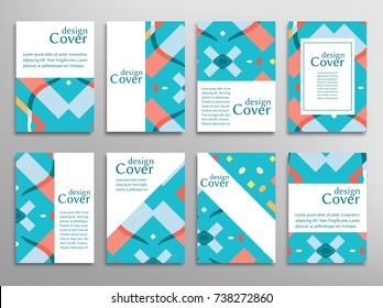 Set of A4 cover, abstract composition. Colorful header design for flyer, book, info banner frame, title sheet. Colored geometric shapes. Modern design. Brochure template layout. Vector illustration