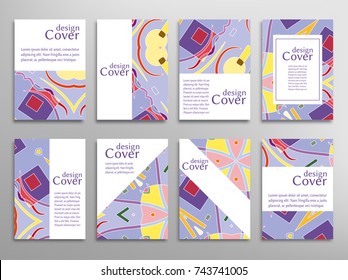 Set of A4 cover, abstract composition. Colorful header design for flyer, book, info banner frame, title sheet. Colored geometric shapes. Modern design. Brochure template layout. Vector illustration