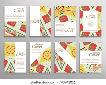 Set of A4 cover, abstract composition. Colorful header design for flyer, book, info banner frame, title sheet. Colored geometric shapes. Modern design. Brochure template layout. Vector illustration