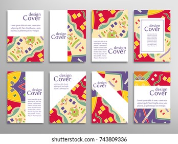 Set of A4 cover, abstract composition. Colorful header design for flyer, book, info banner frame, title sheet. Colored geometric shapes. Modern design. Brochure template layout. Vector illustration